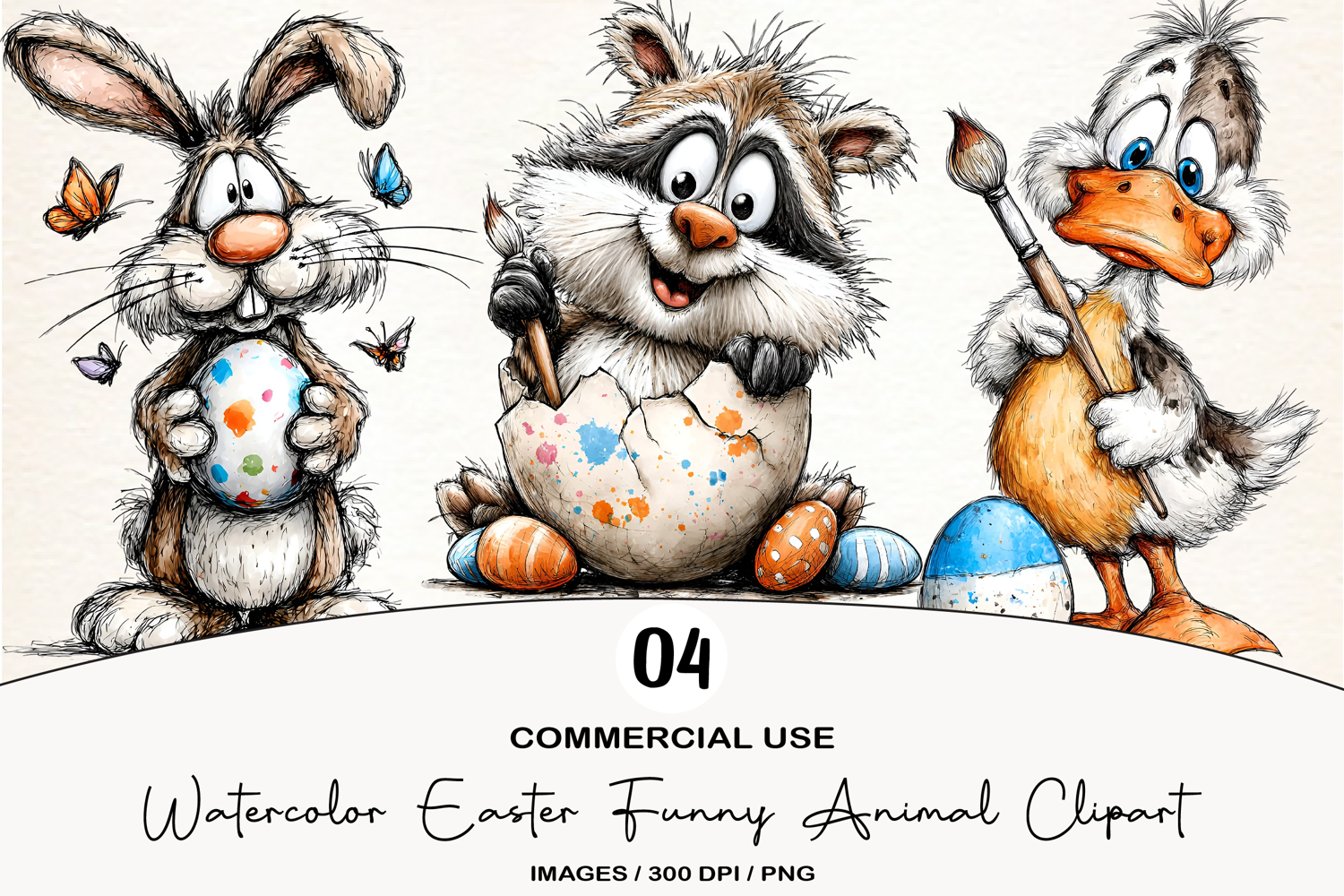 Watercolor Easter Funny Animal Clipart product image 1