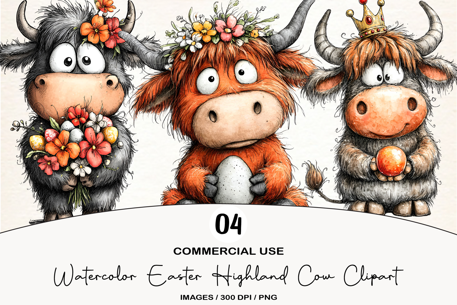 Watercolor Easter Highland Cow Clipart product image 1