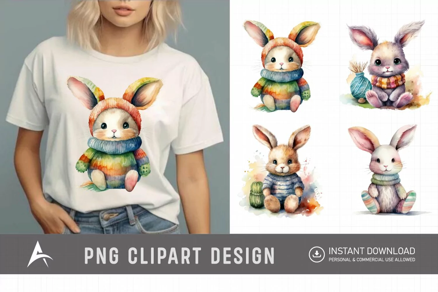 Watercolor Easter Knitted Bunny Clipart product image 1