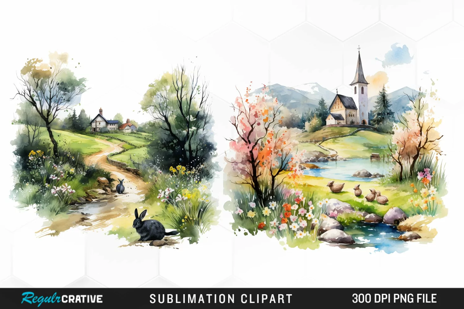 Watercolor Easter Landscapes Clipart product image 1