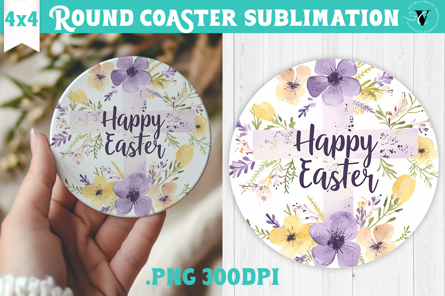 Easter Round Coaster | Watercolor Cross | Happy Easter product image 1