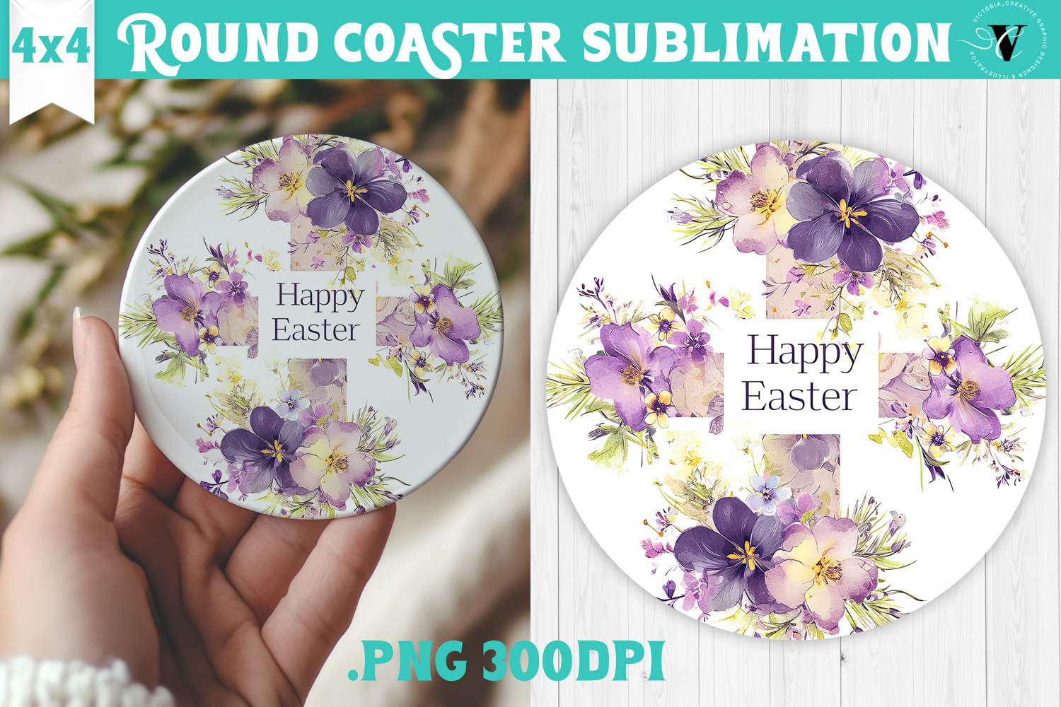 Easter Round Coaster | Watercolor Cross | Happy Easter product image 1