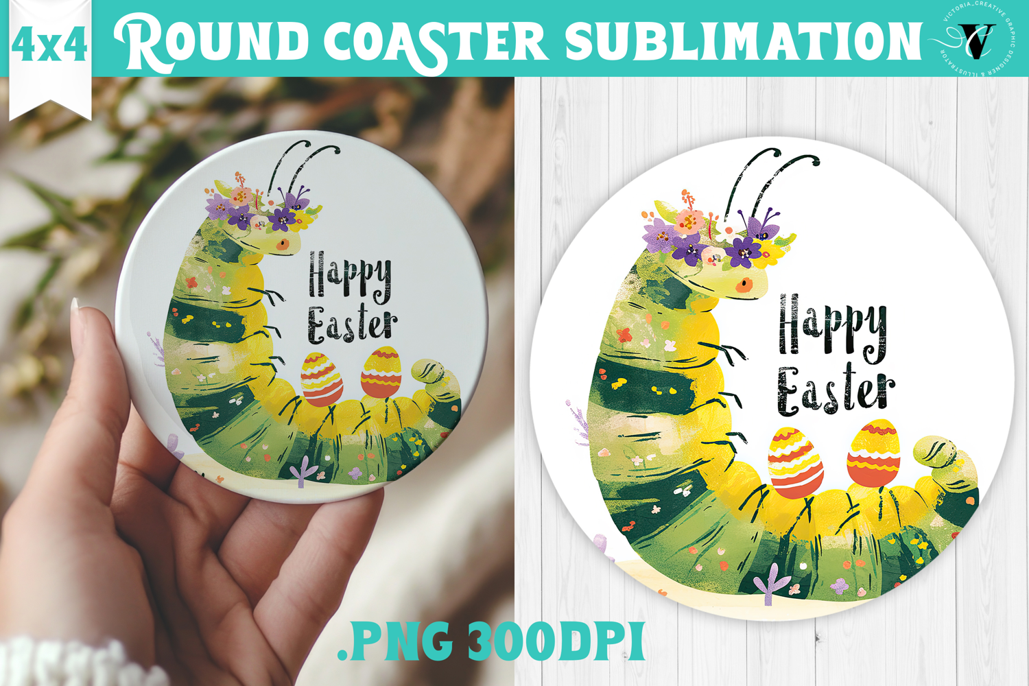Easter Round Coaster | Watercolor Caterpillar | Happy Easter product image 1
