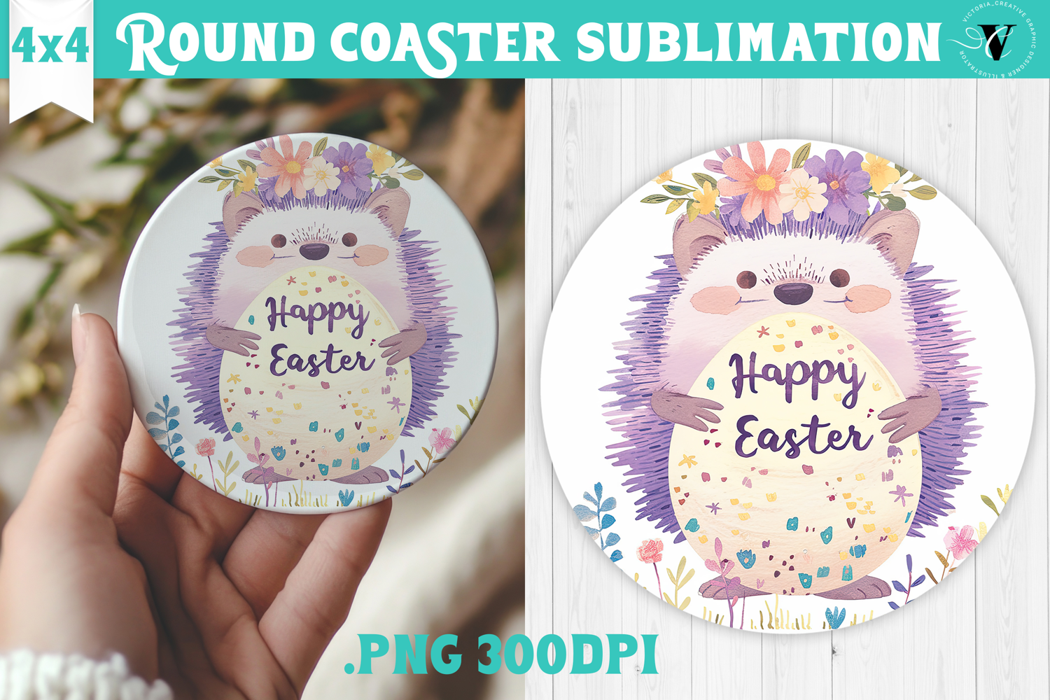 Easter Round Coaster | Watercolor Hedgehog | Happy Easter product image 1