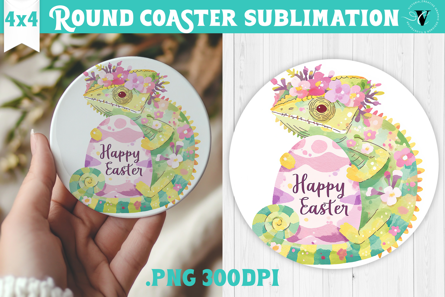 Easter Round Coaster | Watercolor Chameleon | Happy Easter product image 1