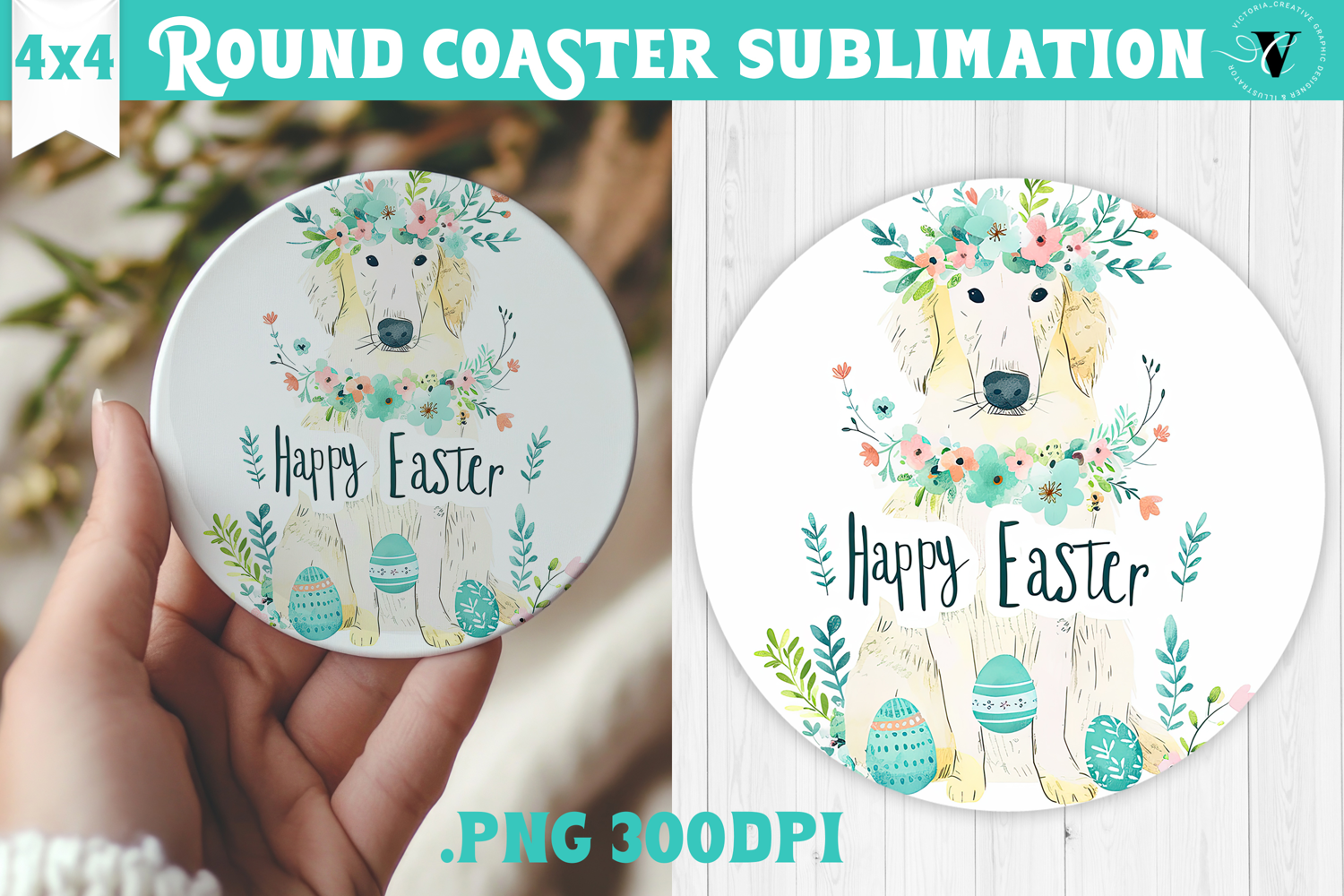 Easter Round Coaster | Watercolor Dog | Happy Easter product image 1