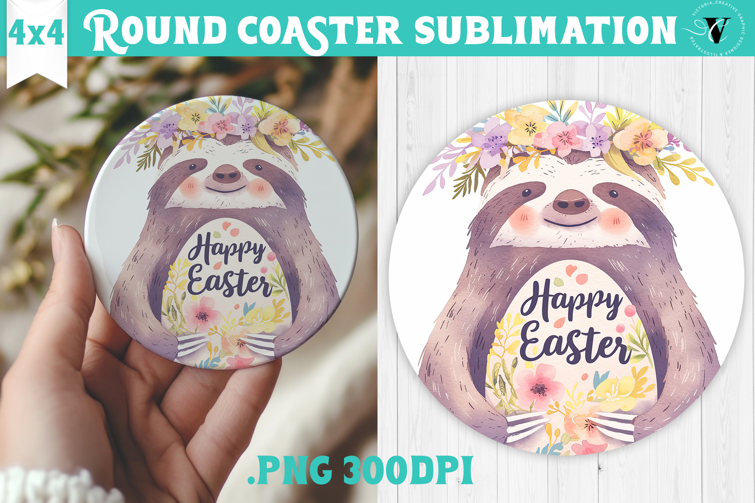 Easter Round Coaster | Watercolor Sloth | Happy Easter product image 1