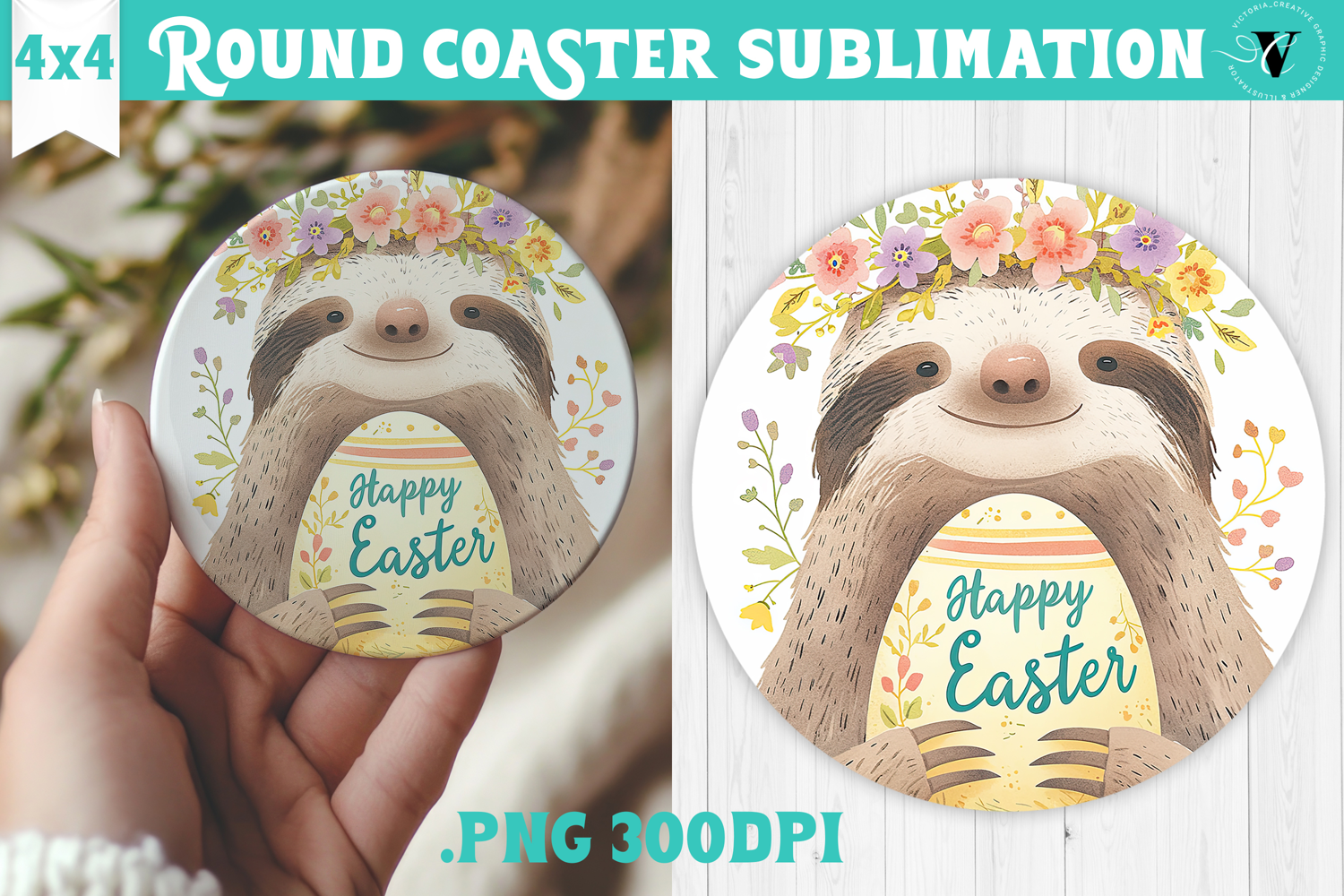 Easter Round Coaster | Watercolor Sloth | Happy Easter product image 1