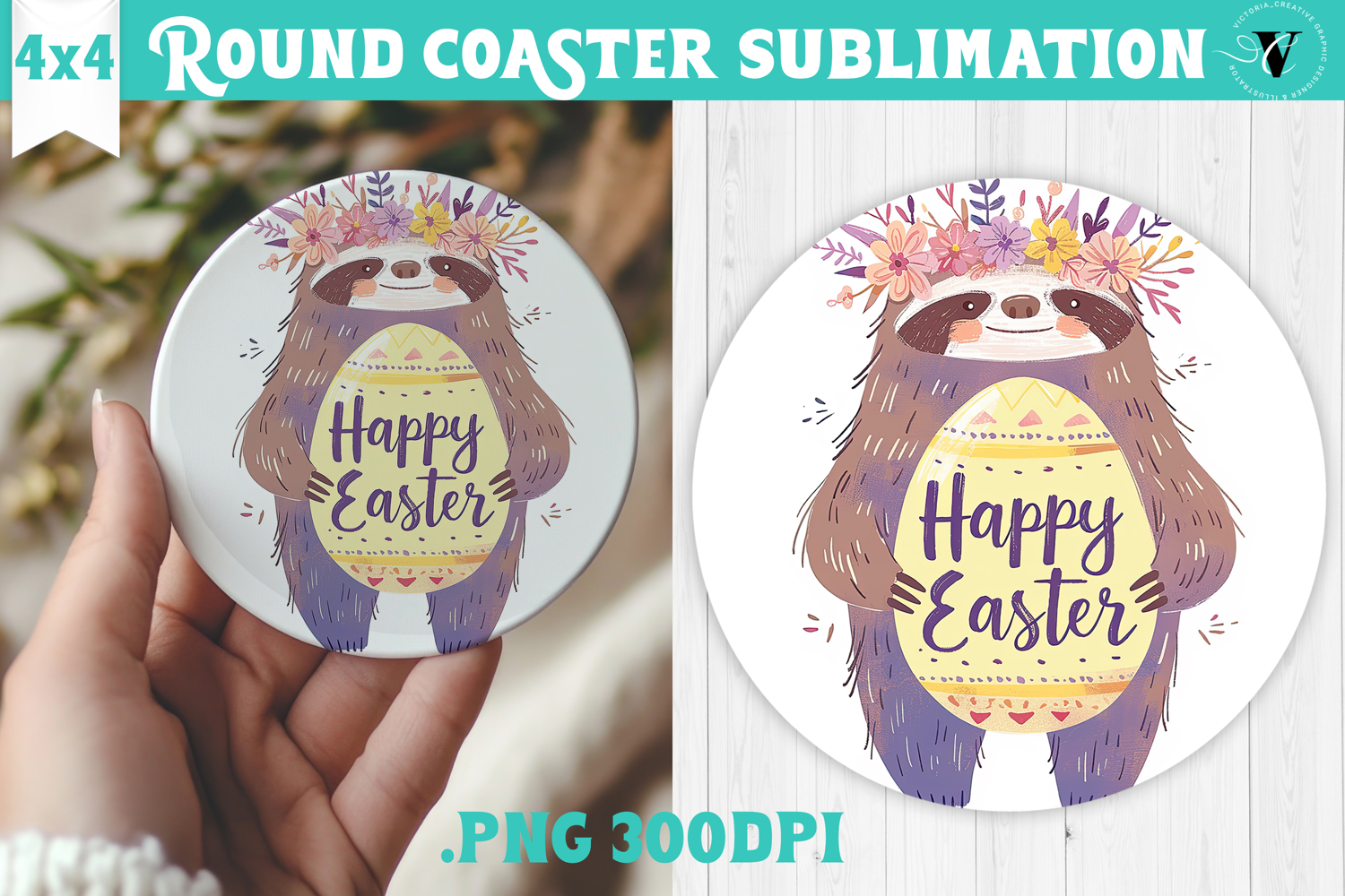 Easter Round Coaster | Watercolor Sloth | Happy Easter product image 1