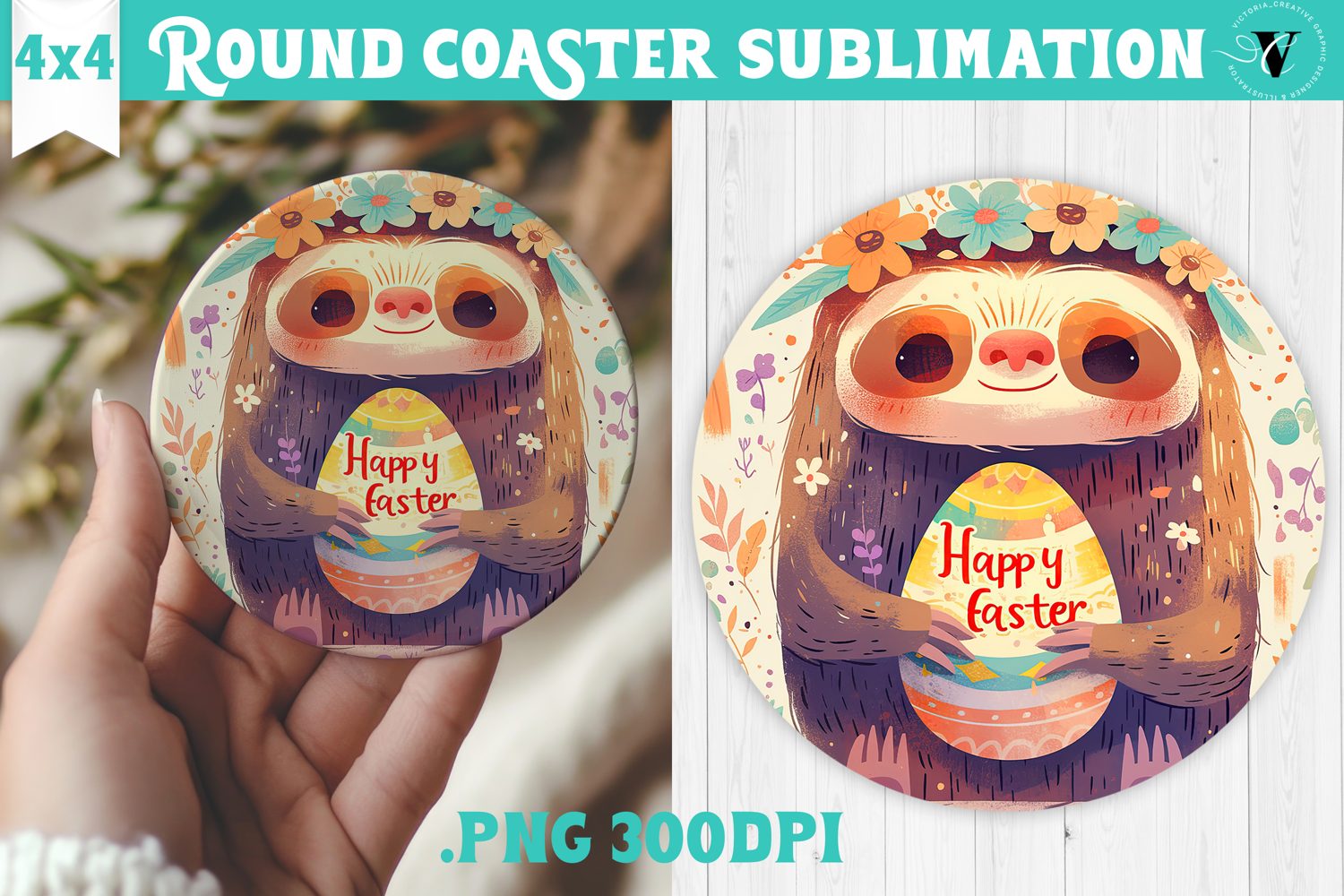 Easter Round Coaster | Watercolor Sloth | Happy Easter product image 1