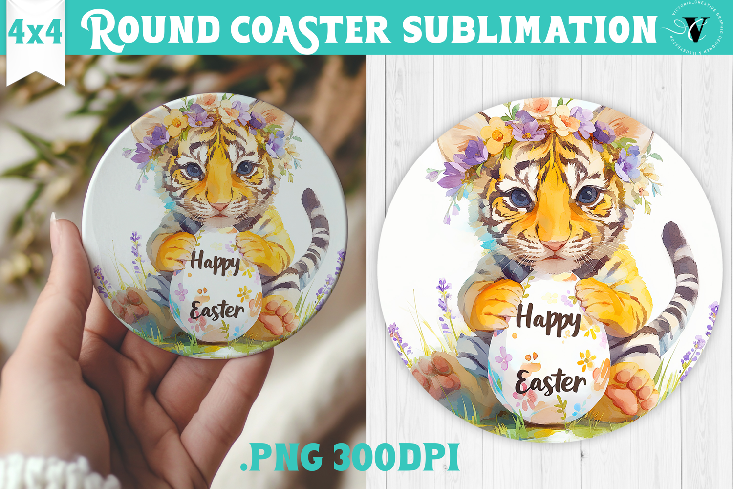 Easter Round Coaster | Watercolor Tiger | Happy Easter product image 1