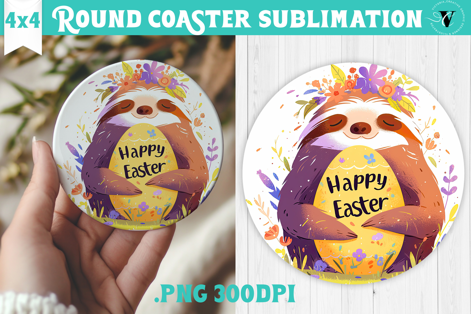 Easter Round Coaster | Watercolor Sloth | Happy Easter product image 1