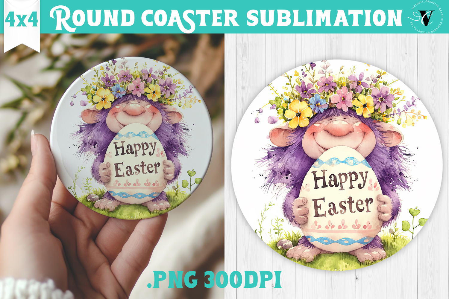 Easter Round Coaster | Watercolor Troll | Happy Easter product image 1