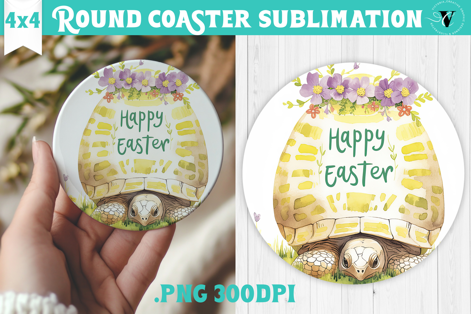 Easter Round Coaster | Watercolor Turtle | Happy Easter product image 1