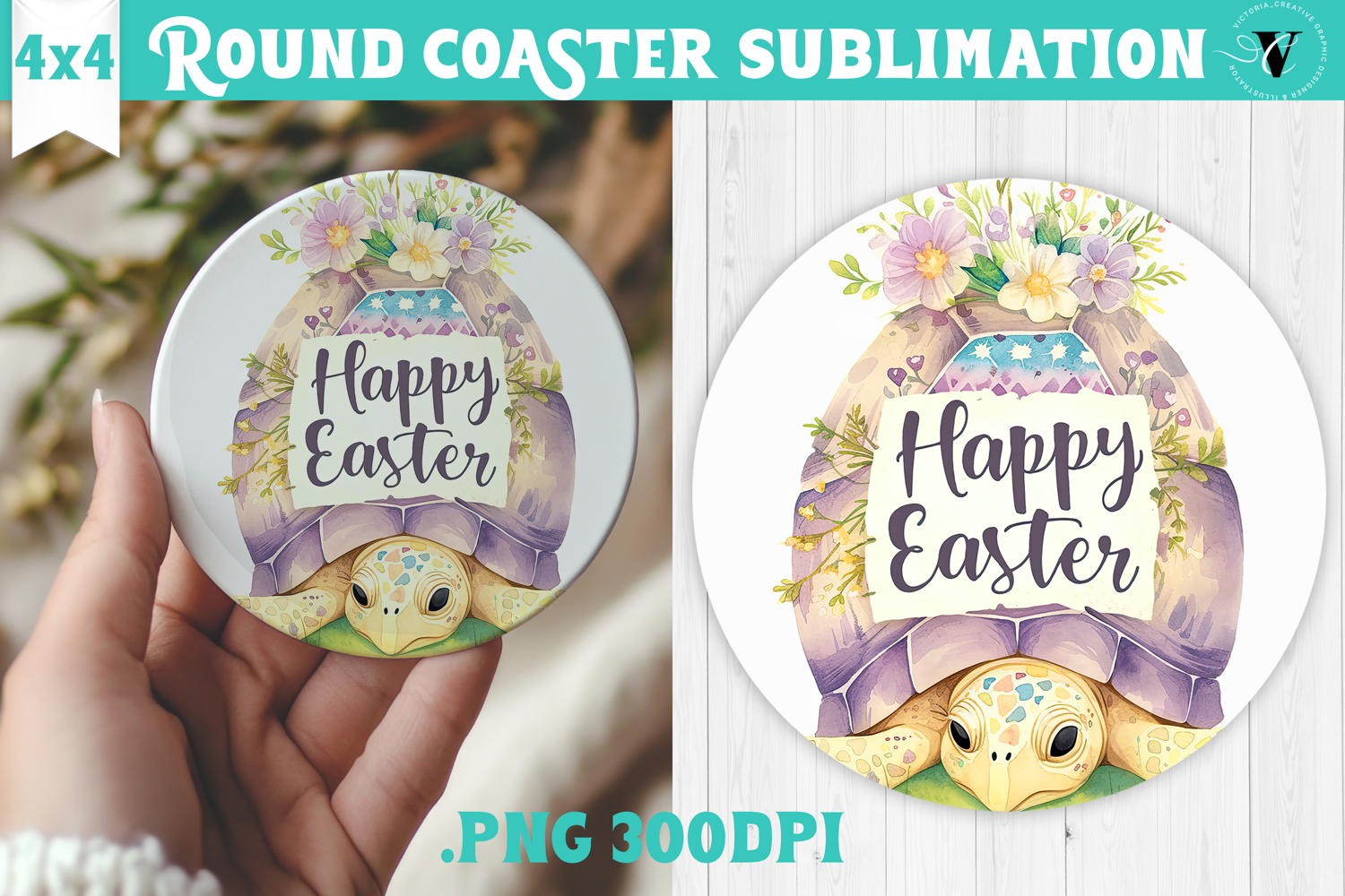 Easter Round Coaster | Watercolor Turtle | Happy Easter product image 1