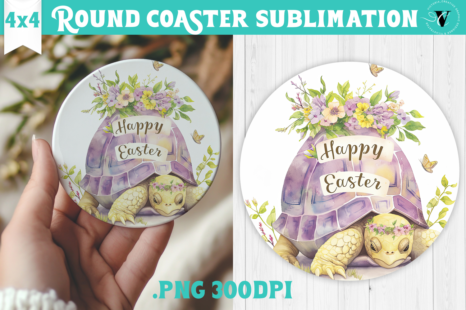 Easter Round Coaster | Watercolor Turtle | Happy Easter product image 1