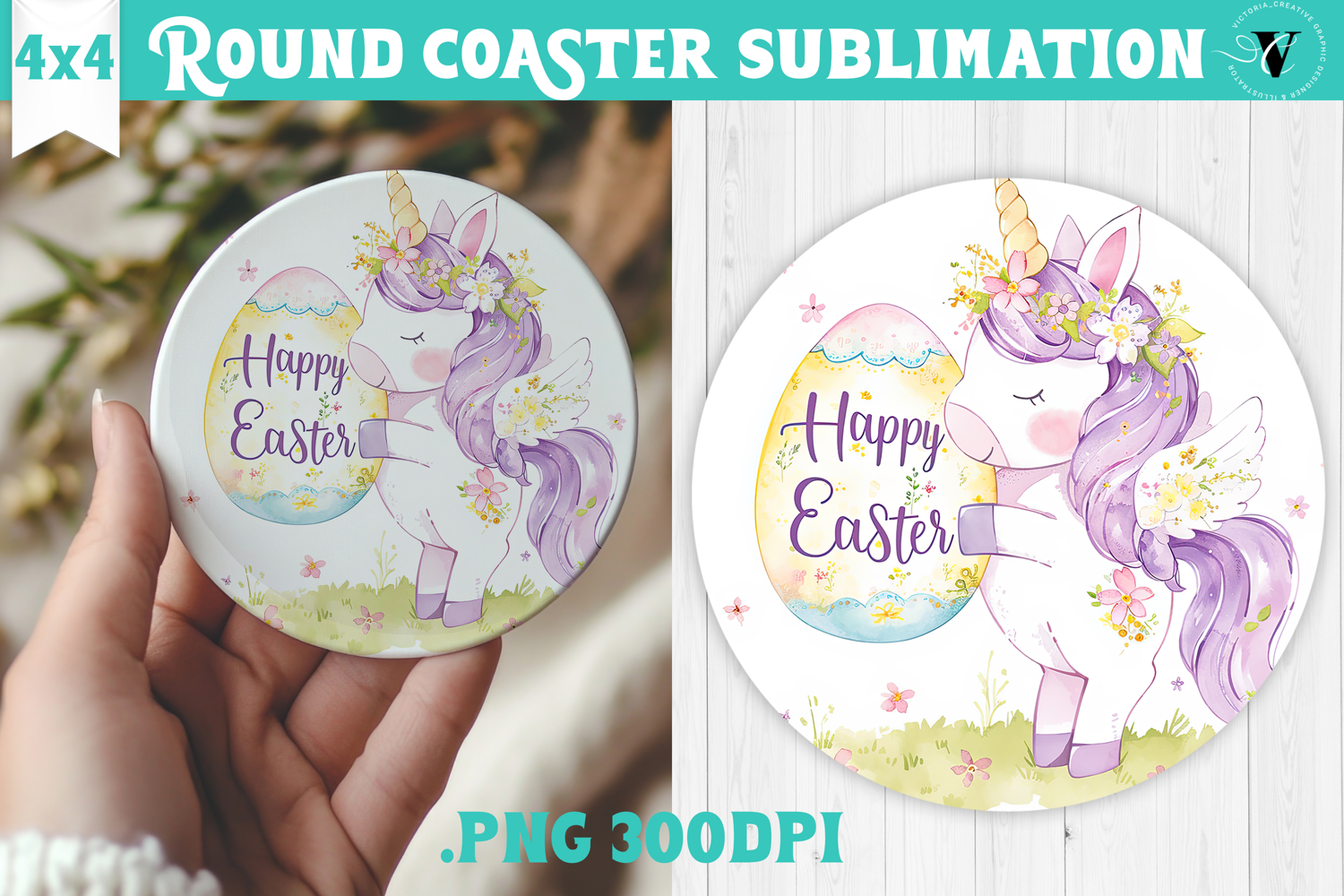 Easter Round Coaster | Watercolor Unicorn | Happy Easter product image 1