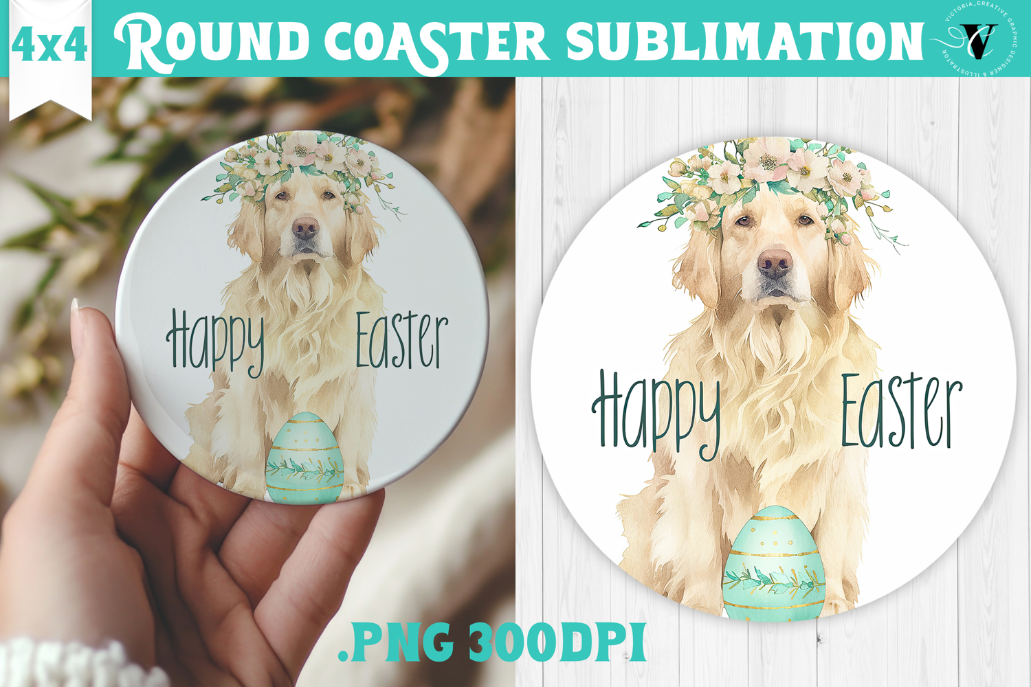 Easter Round Coaster | Watercolor Dog | Happy Easter product image 1