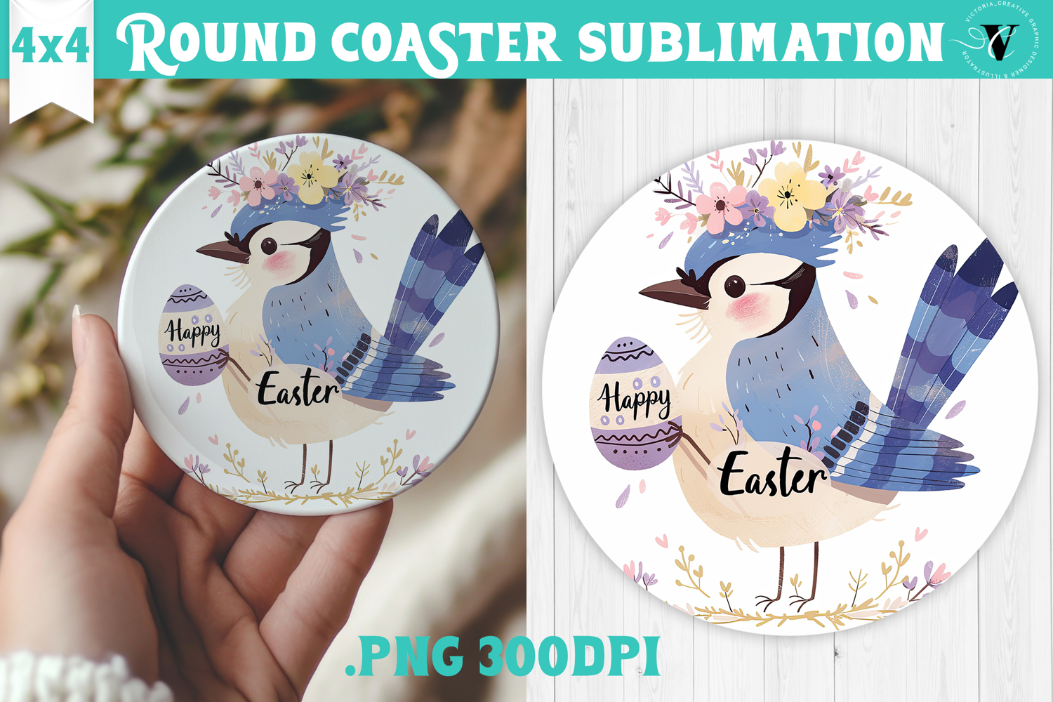 Easter Round Coaster | Watercolor Blue Jay | Happy Easter product image 1