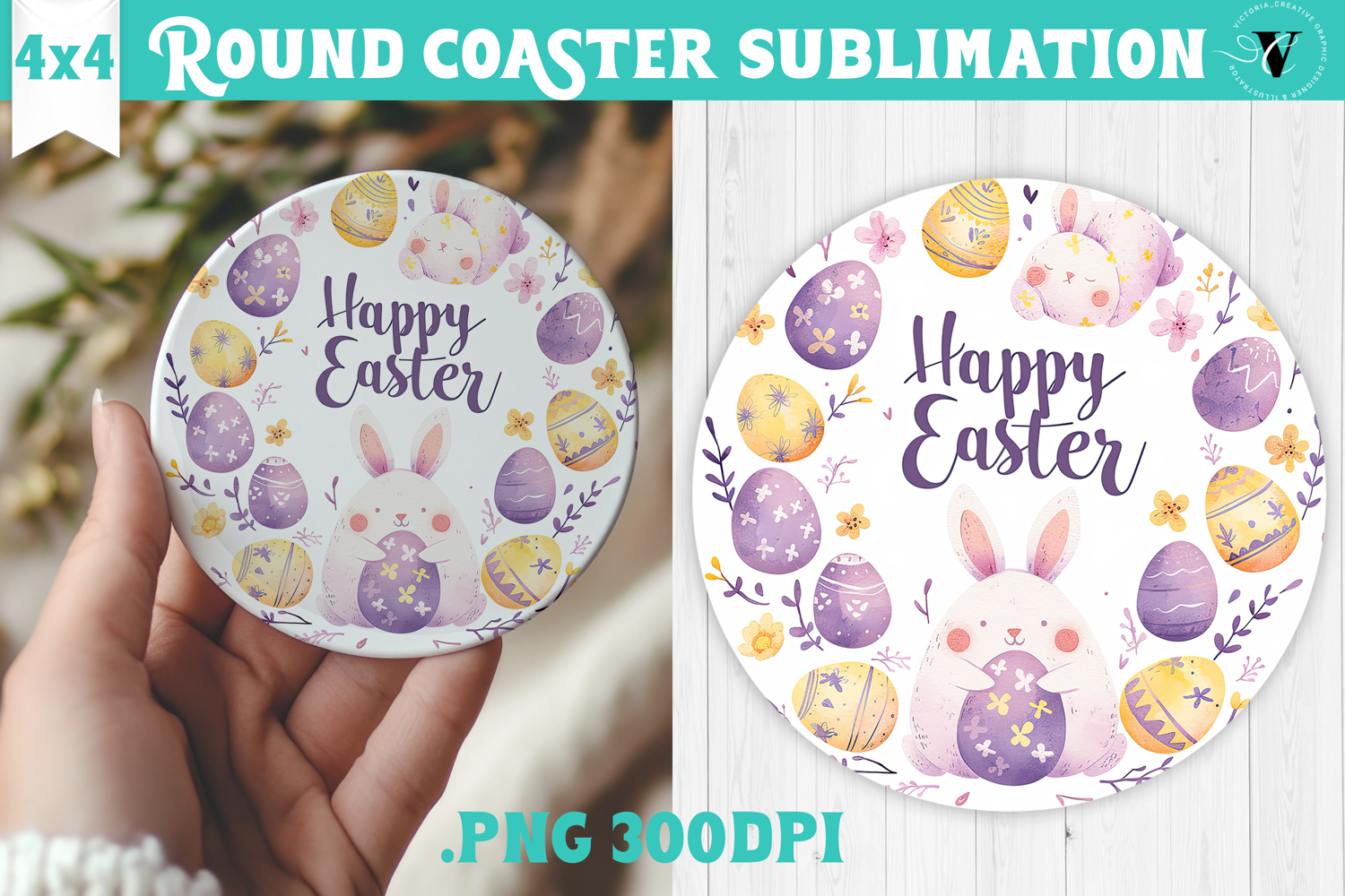 Easter Round Coaster | Watercolor Bunny | Happy Easter product image 1