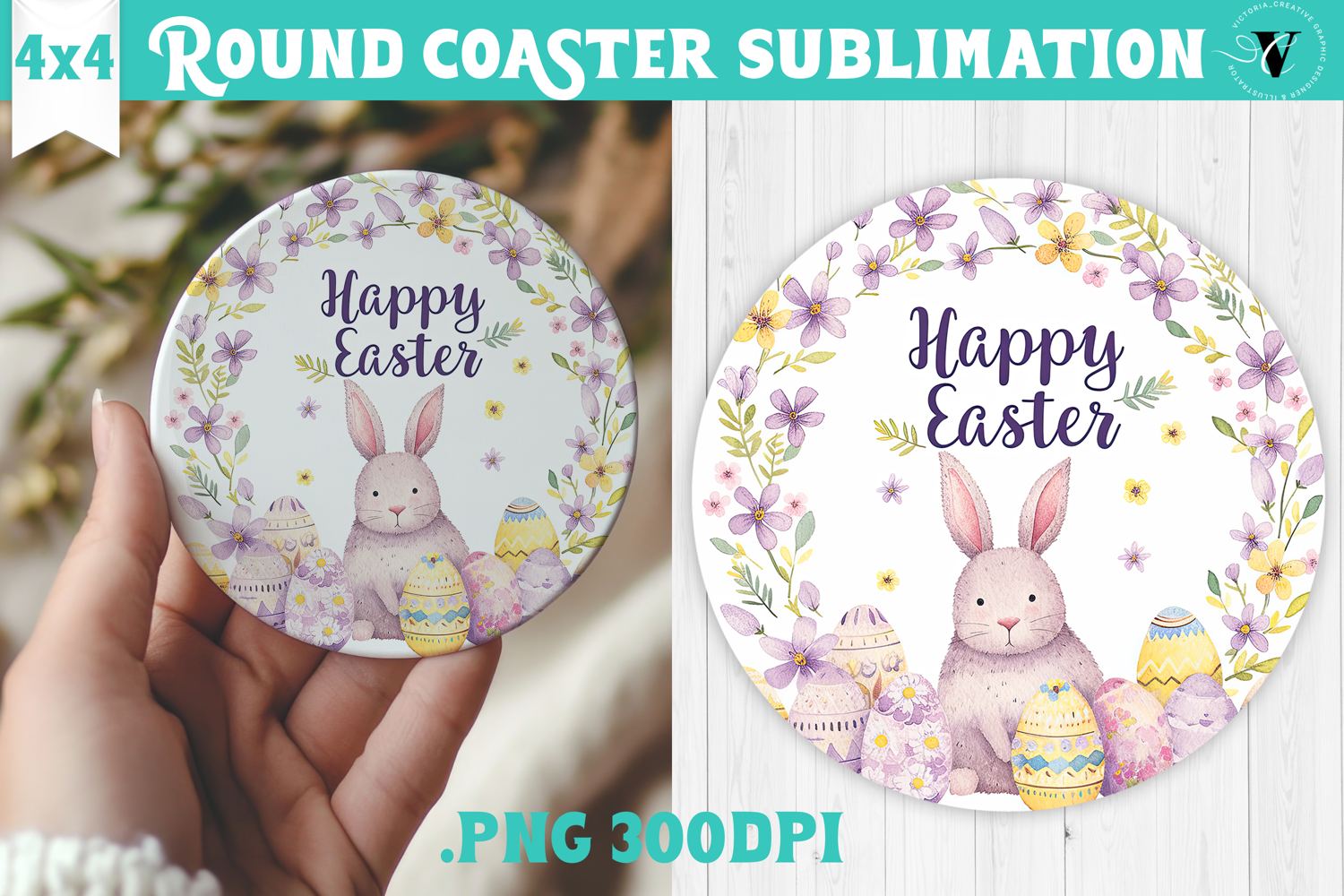 Easter Round Coaster | Watercolor Bunny | Happy Easter product image 1