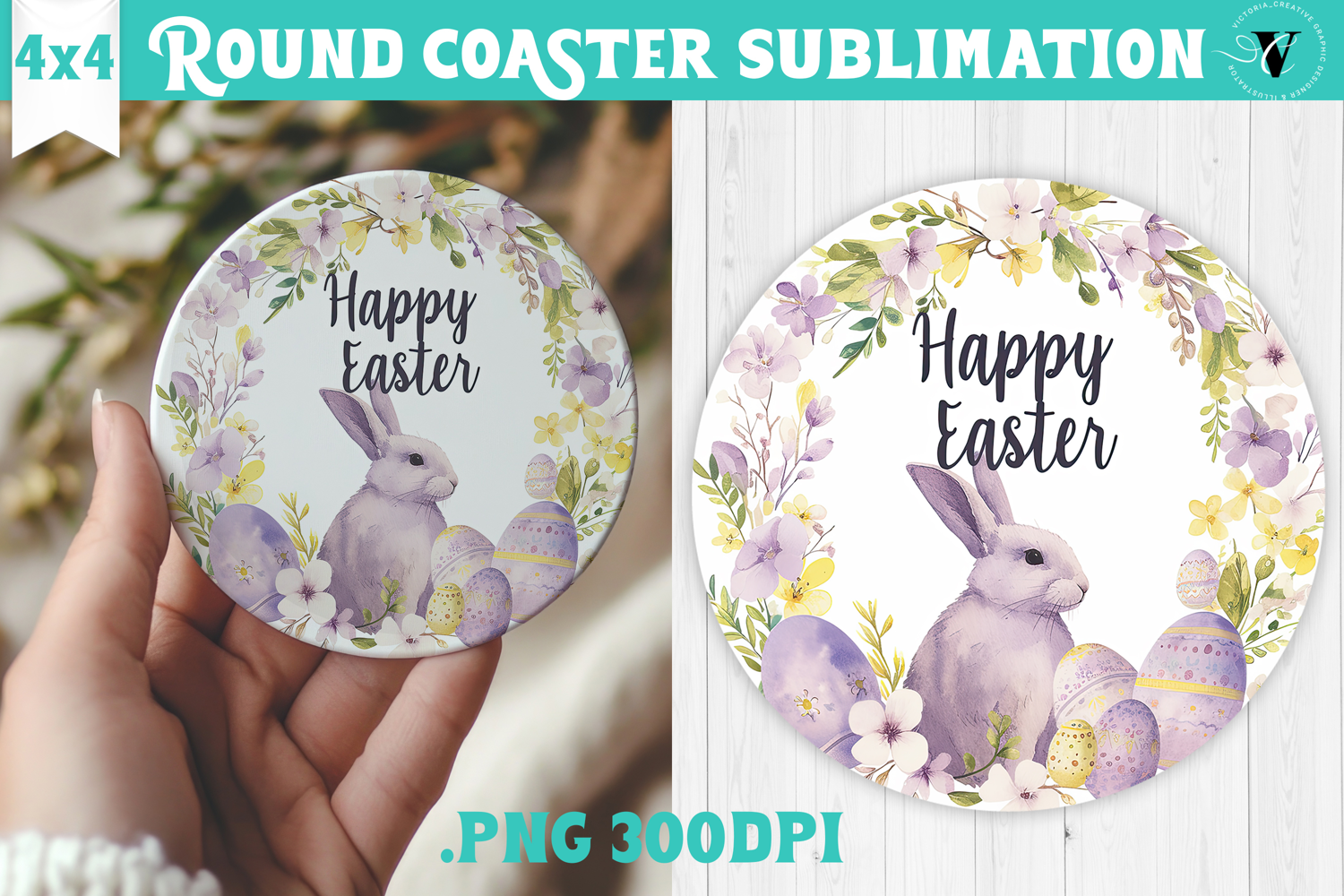 Easter Round Coaster | Watercolor Bunny | Happy Easter product image 1