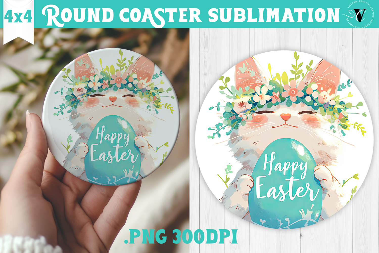 Easter Round Coaster | Watercolor Cat | Happy Easter product image 1