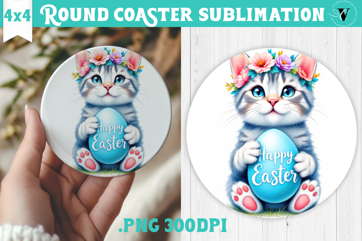 Easter Round Coaster | Watercolor Cat | Happy Easter product image 1