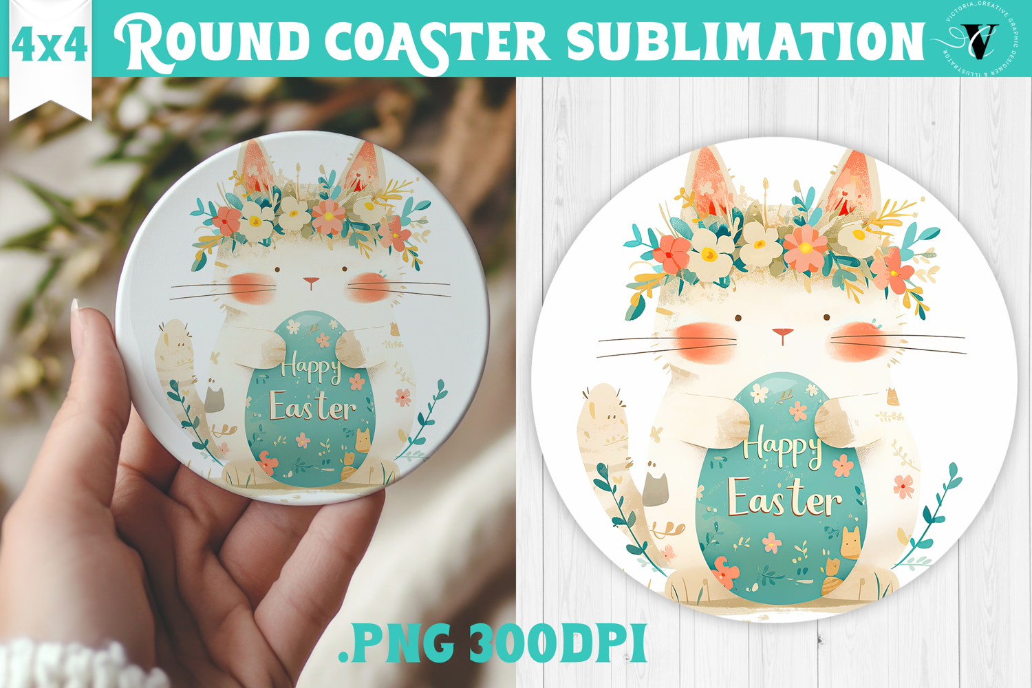 Easter Round Coaster | Watercolor Cat | Happy Easter product image 1