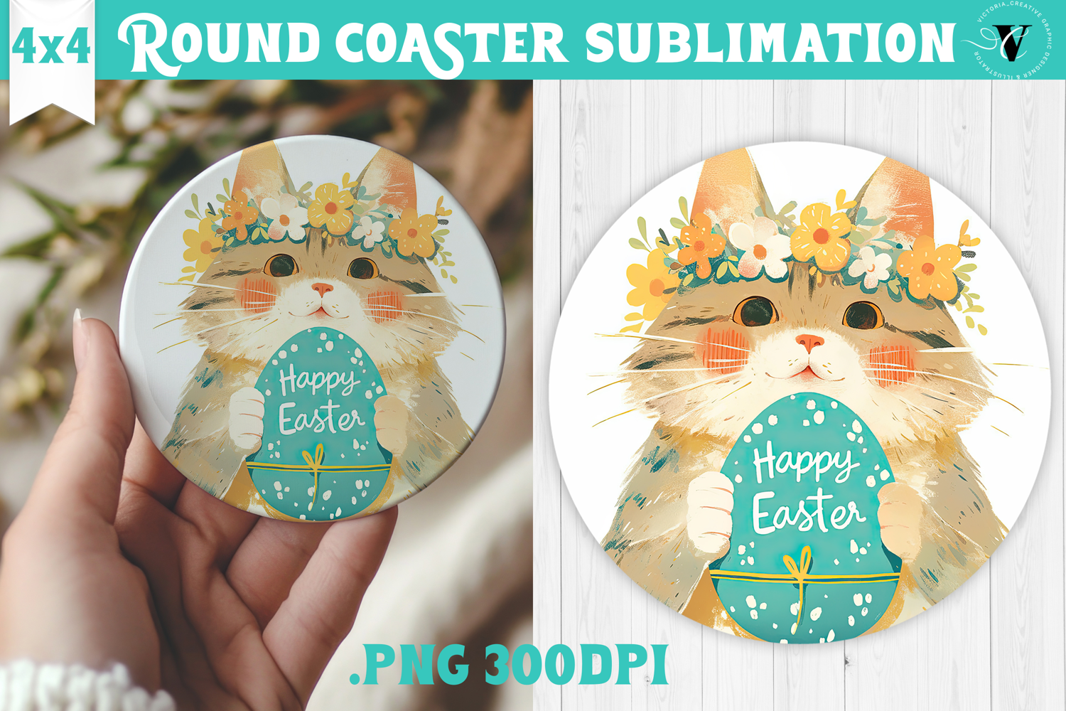Easter Round Coaster | Watercolor Cat | Happy Easter product image 1
