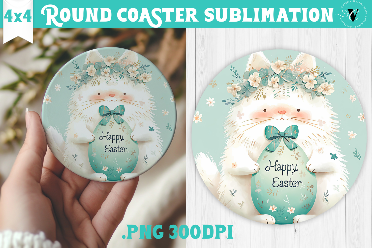 Easter Round Coaster | Watercolor Cat | Happy Easter product image 1