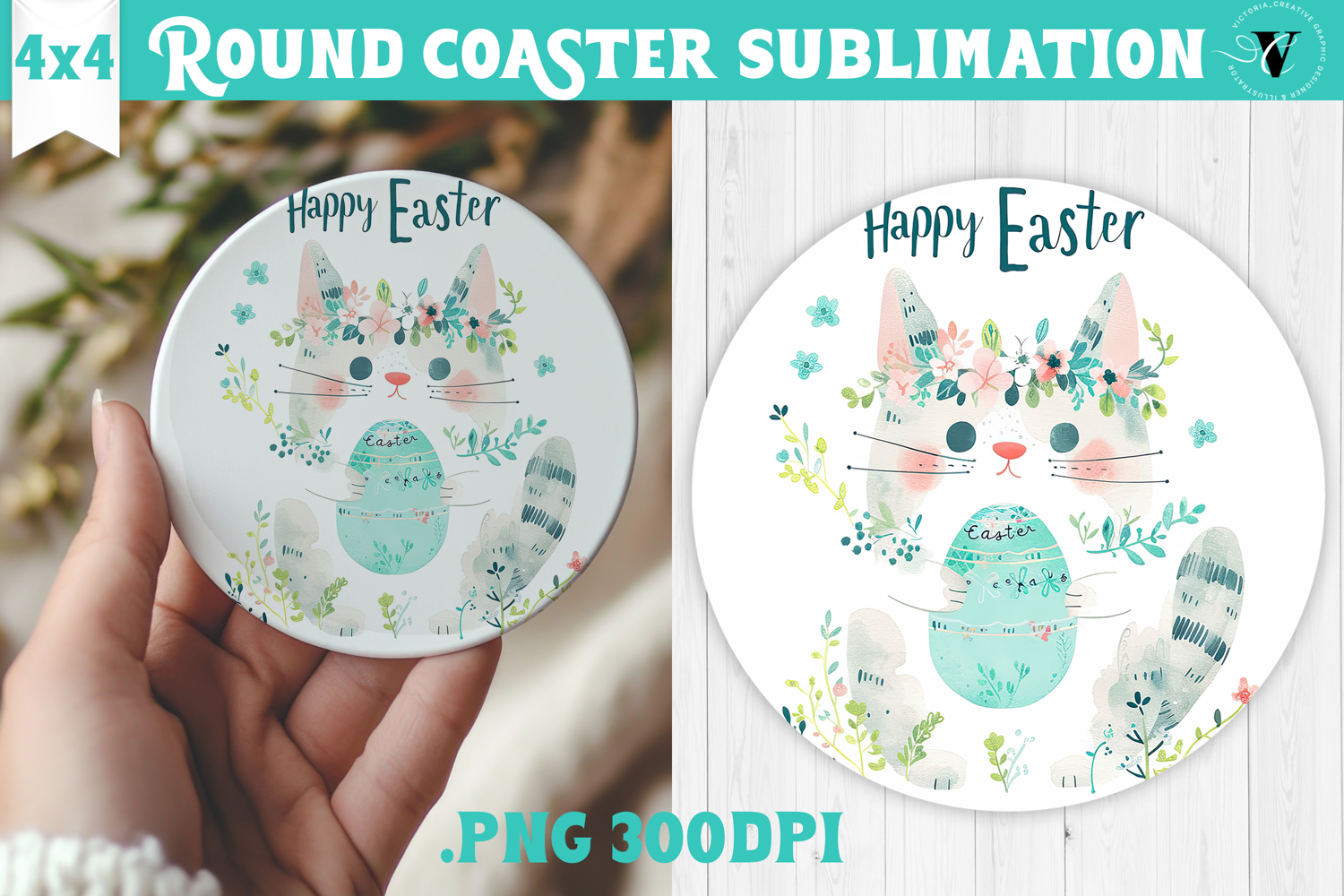 Easter Round Coaster | Watercolor Cat | Happy Easter product image 1