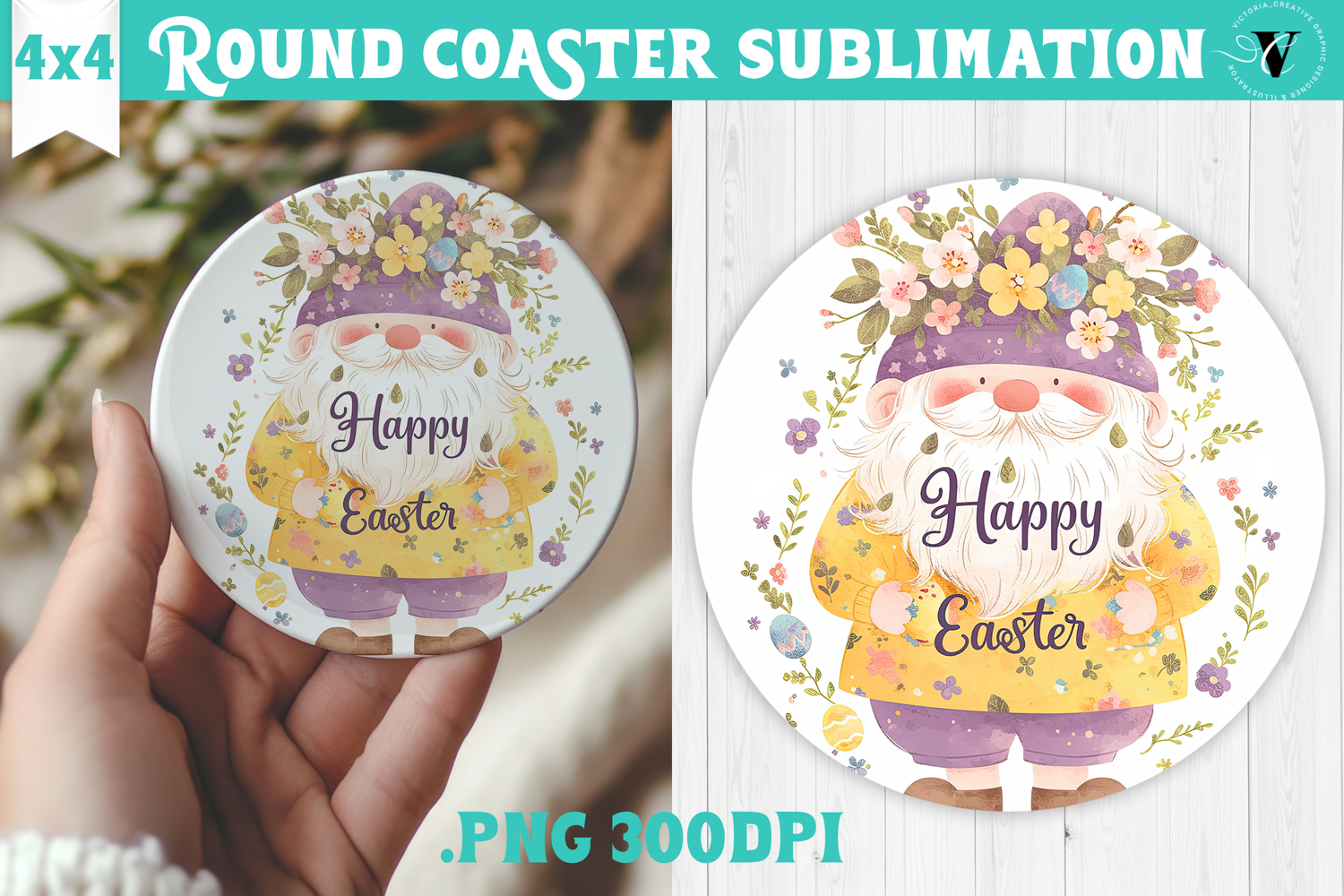 Easter Round Coaster | Watercolor Gnome | Happy Easter product image 1