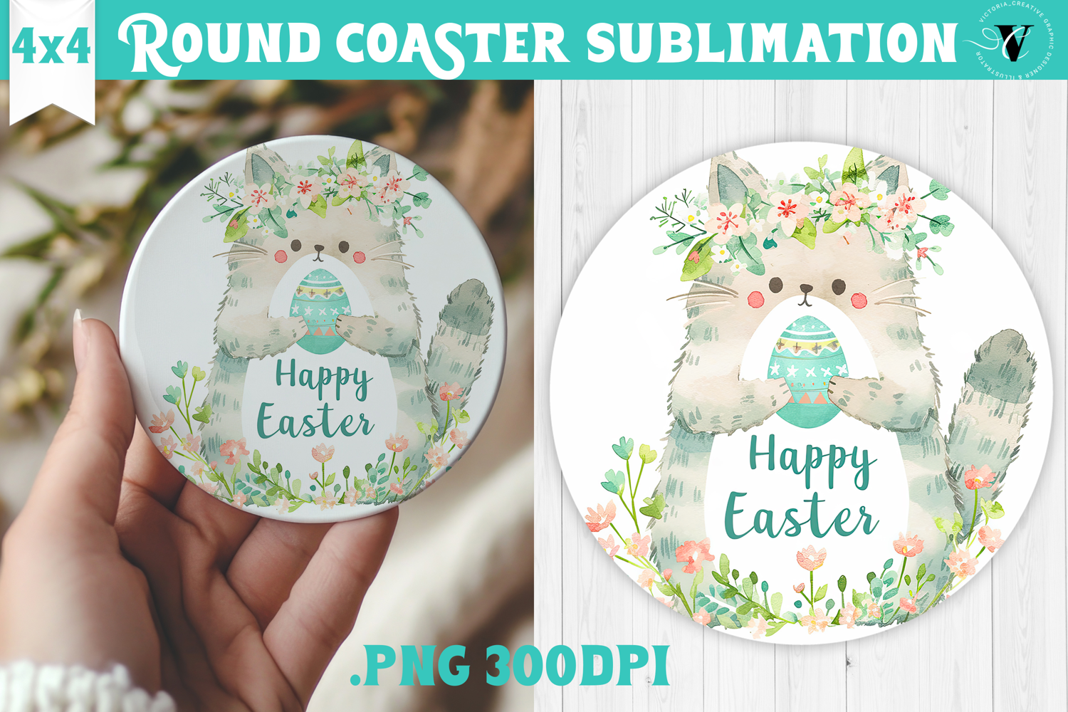 Easter Round Coaster | Watercolor Cat | Happy Easter product image 1