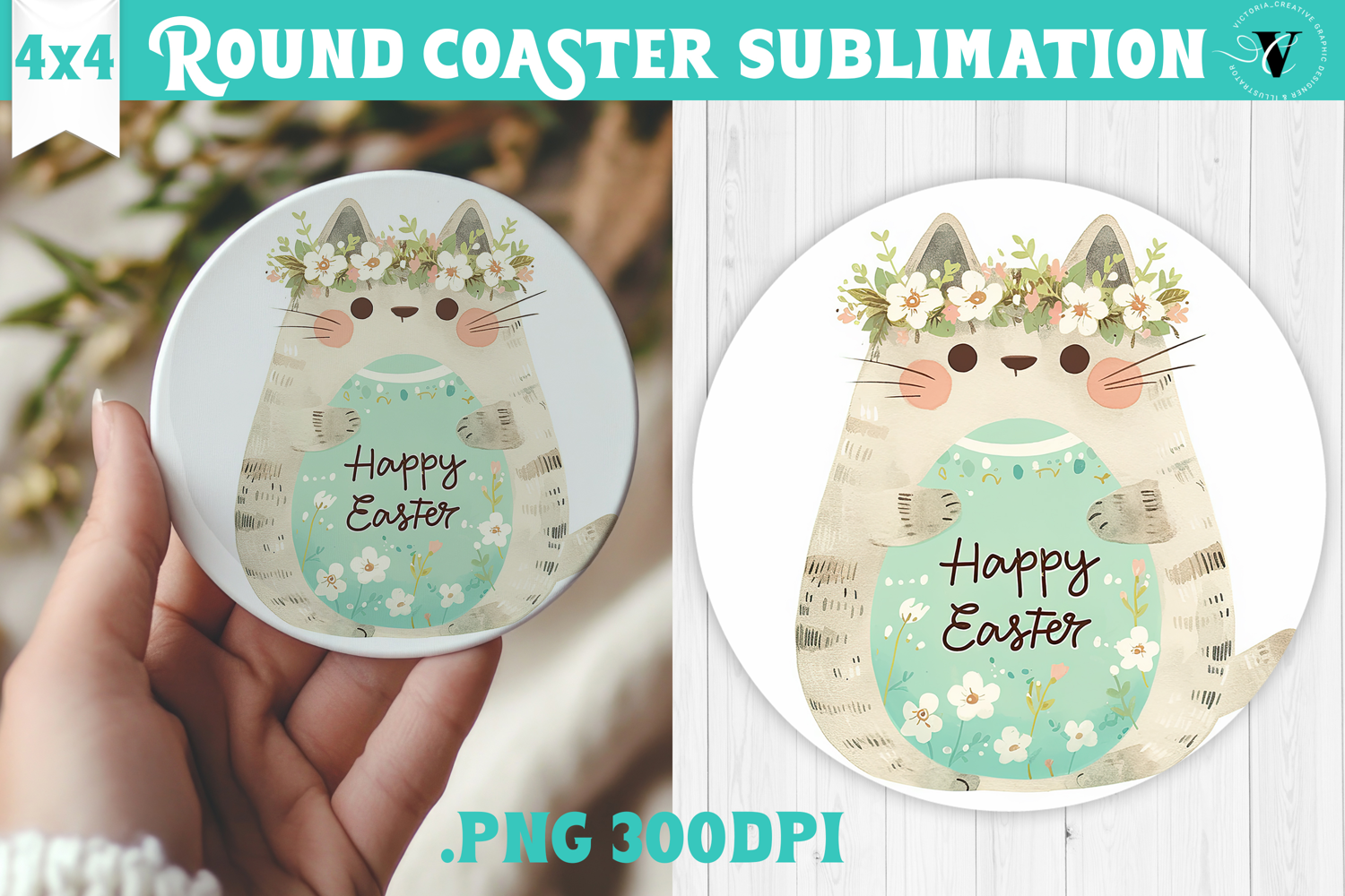 Easter Round Coaster | Watercolor Cat | Happy Easter product image 1
