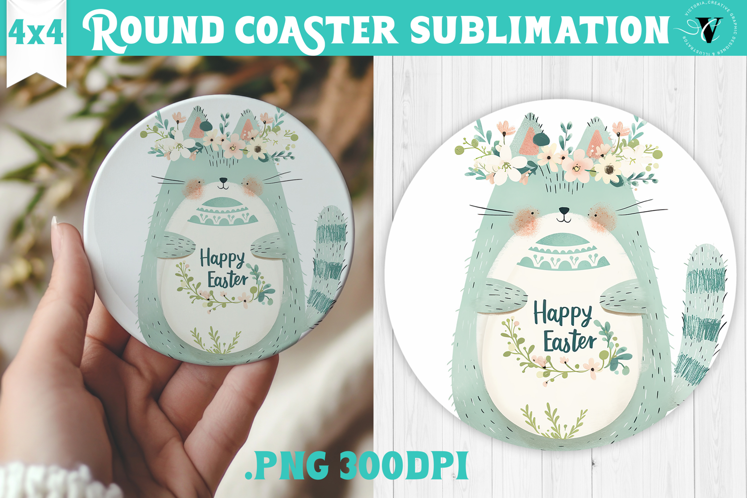 Easter Round Coaster | Watercolor Cat | Happy Easter product image 1