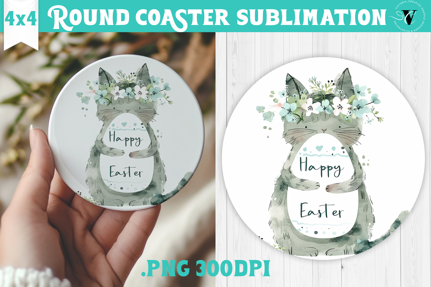 Easter Round Coaster | Watercolor Cat | Happy Easter product image 1