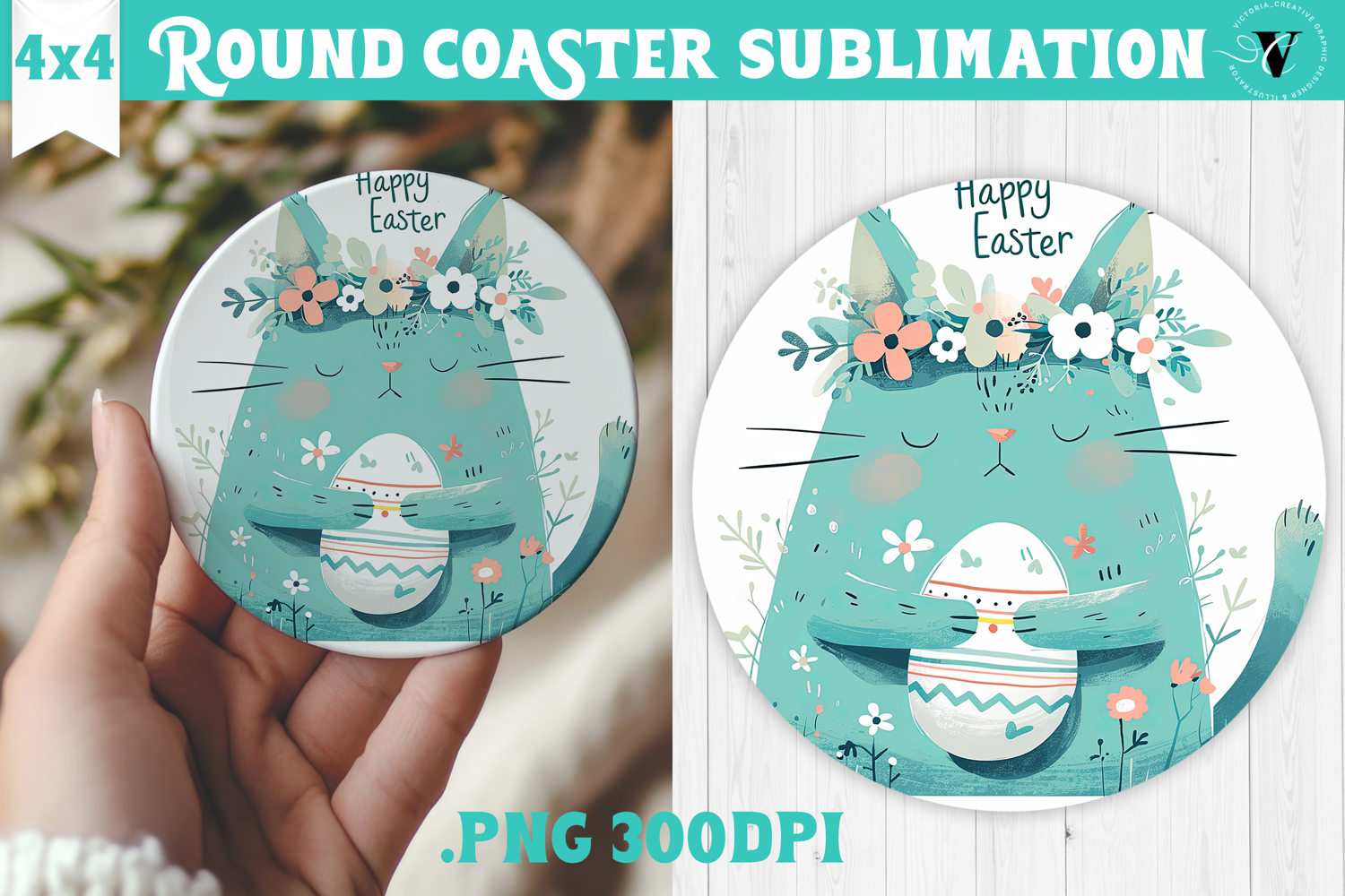 Easter Round Coaster | Watercolor Cat | Happy Easter product image 1