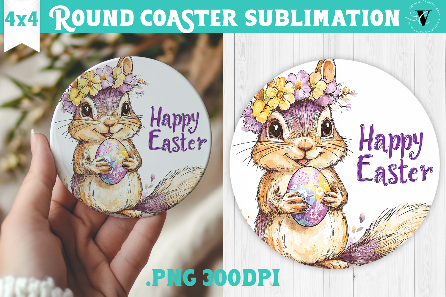 Easter Round Coaster | Watercolor Chipmunk | Happy Easter product image 1