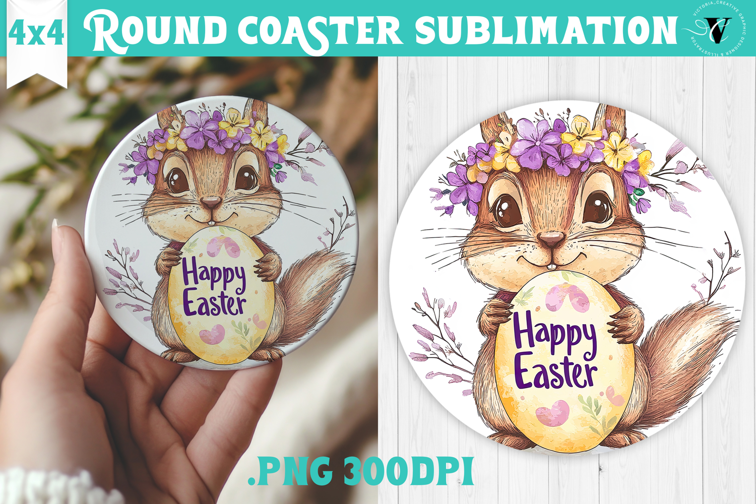 Easter Round Coaster | Watercolor Chipmunk | Happy Easter product image 1