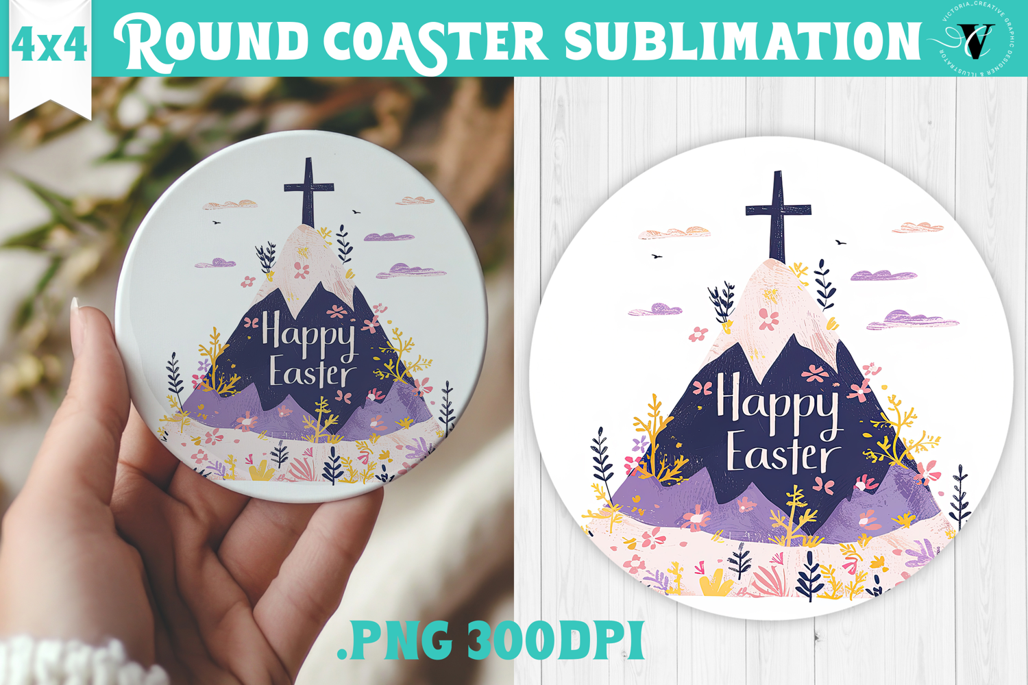 Easter Round Coaster | Watercolor Cross | Happy Easter product image 1