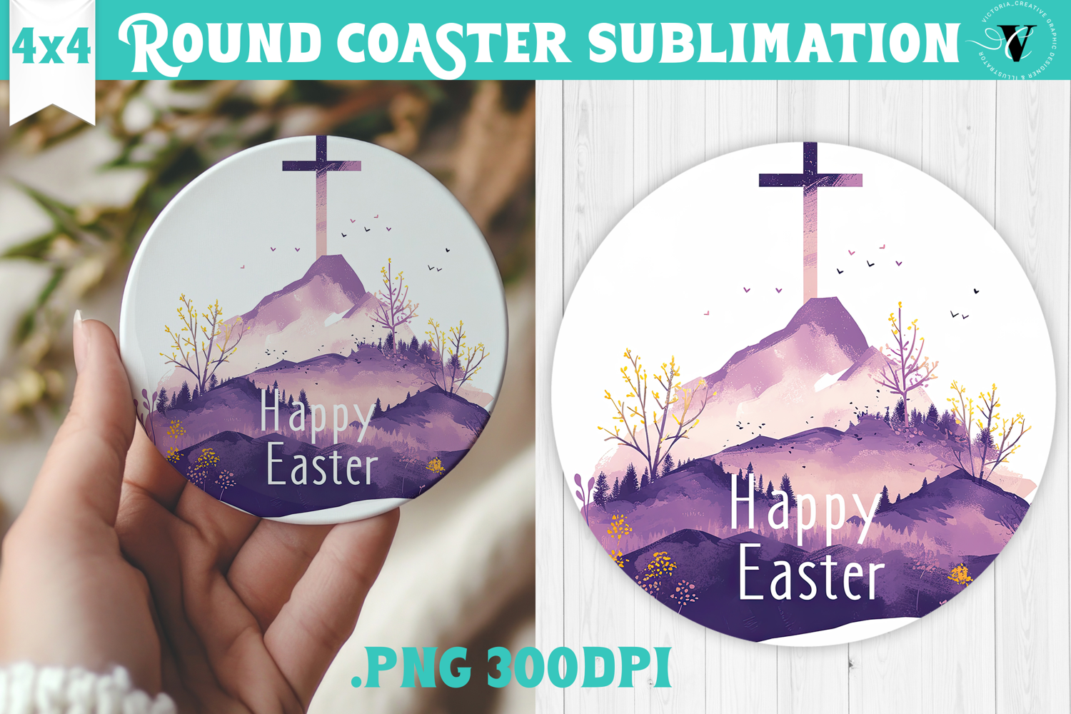 Easter Round Coaster | Watercolor Cross | Happy Easter product image 1