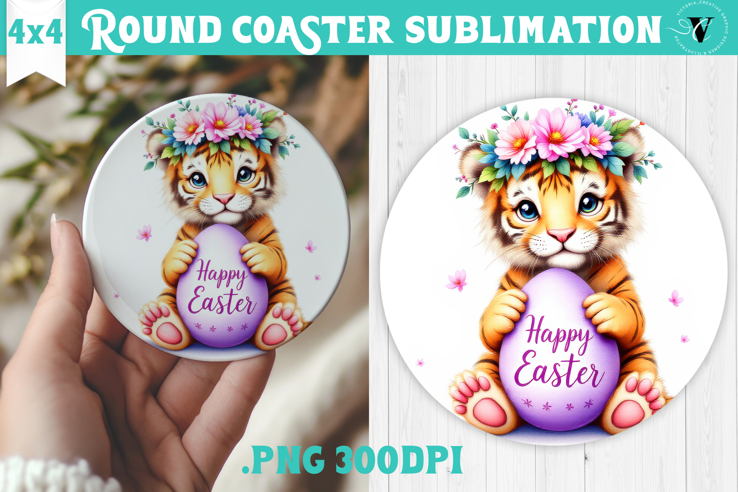 Easter Round Coaster | Watercolor Tiger | Happy Easter product image 1