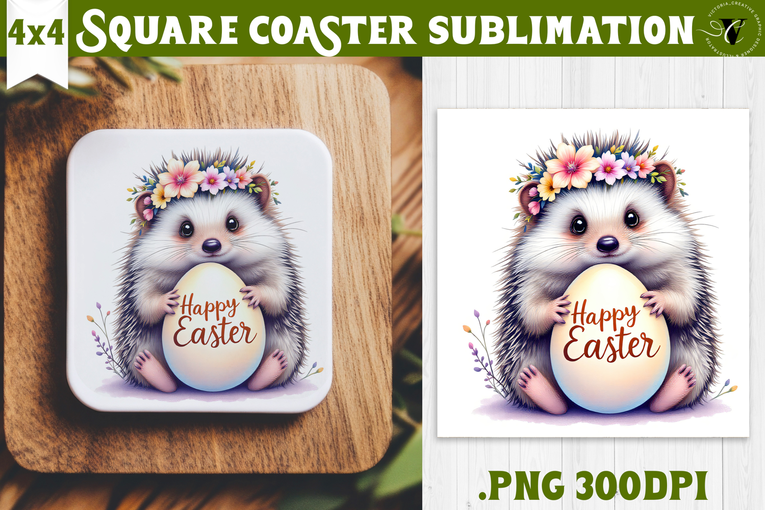Easter Square Coaster | Watercolor Hedgehog | Happy Easter product image 1