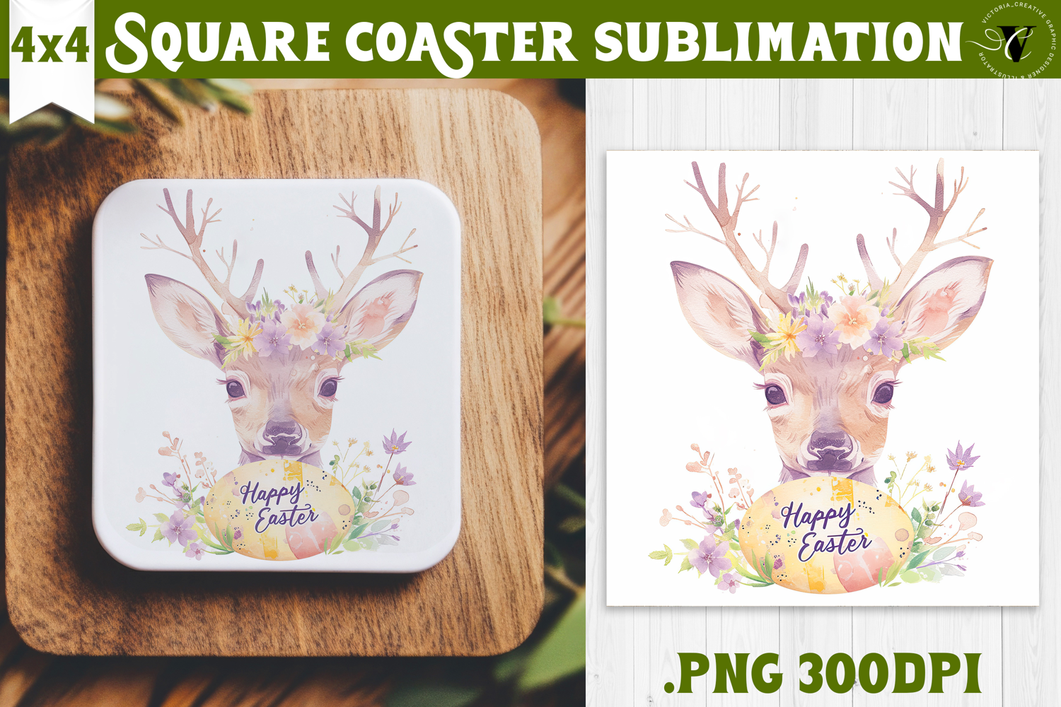 Easter Square Coaster | Watercolor Reindeer | Happy Easter product image 1