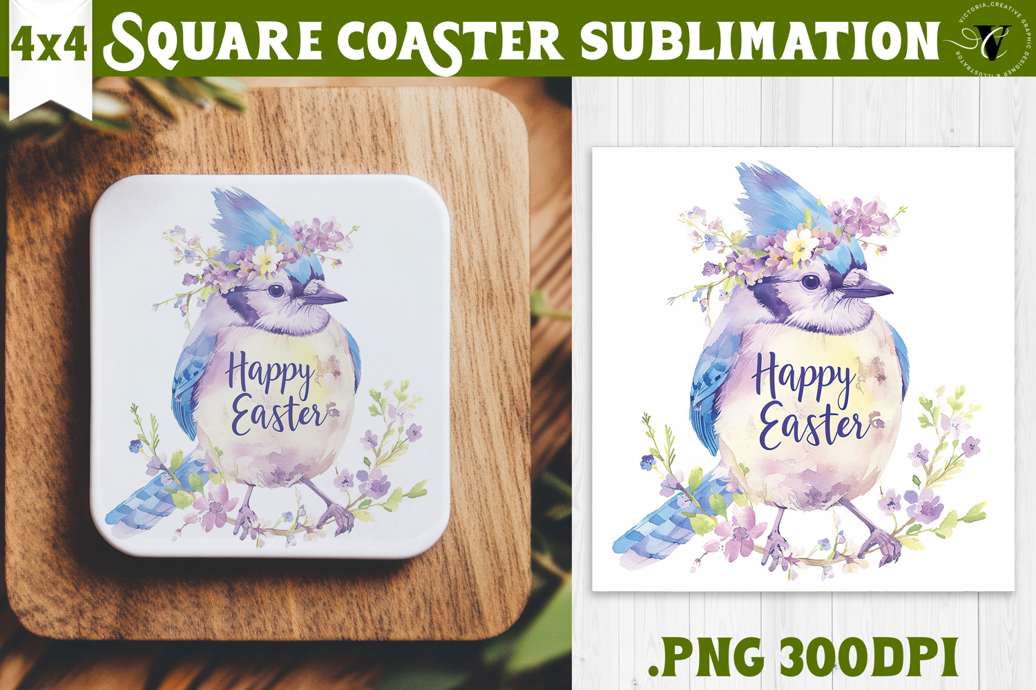 Easter Square Coaster | Watercolor Blue Jay | Happy Easter product image 1
