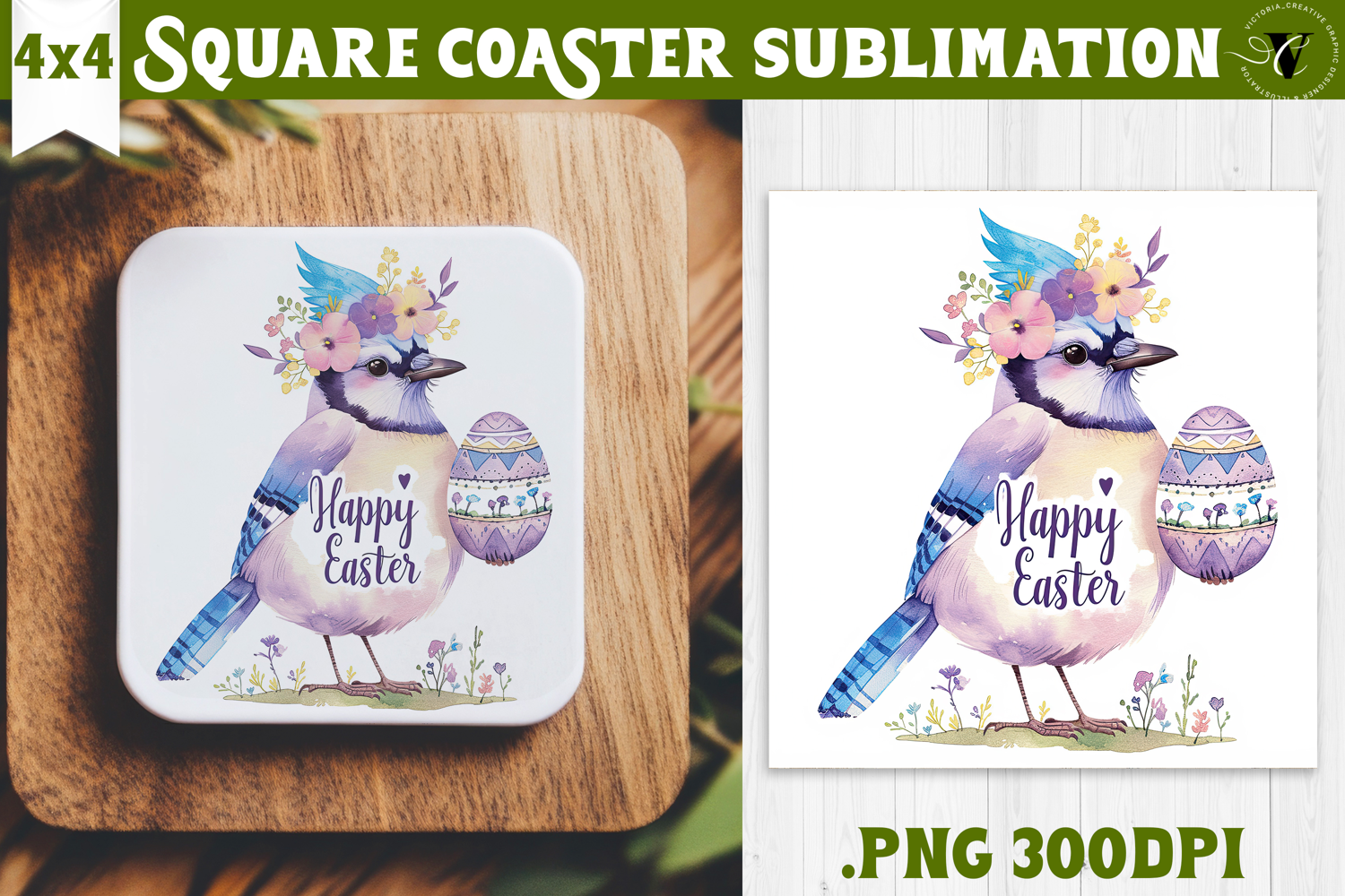Easter Square Coaster | Watercolor Blue Jay | Happy Easter product image 1