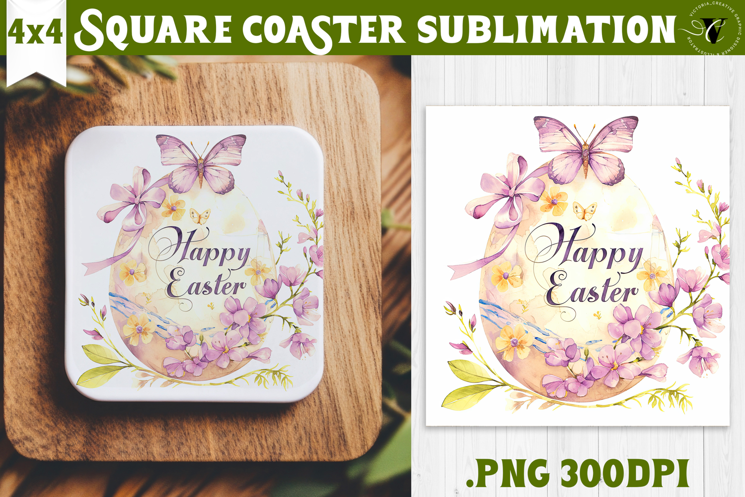 Easter Square Coaster | Watercolor butterfly | Happy Easter product image 1