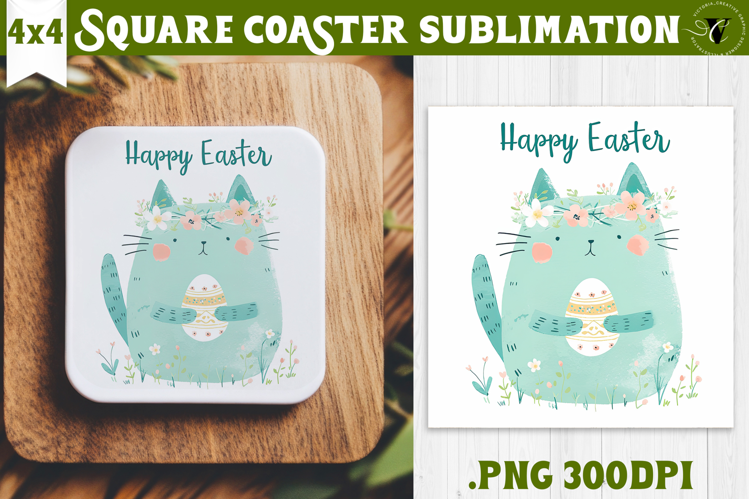 Easter Square Coaster | Watercolor Cat | Happy Easter product image 1
