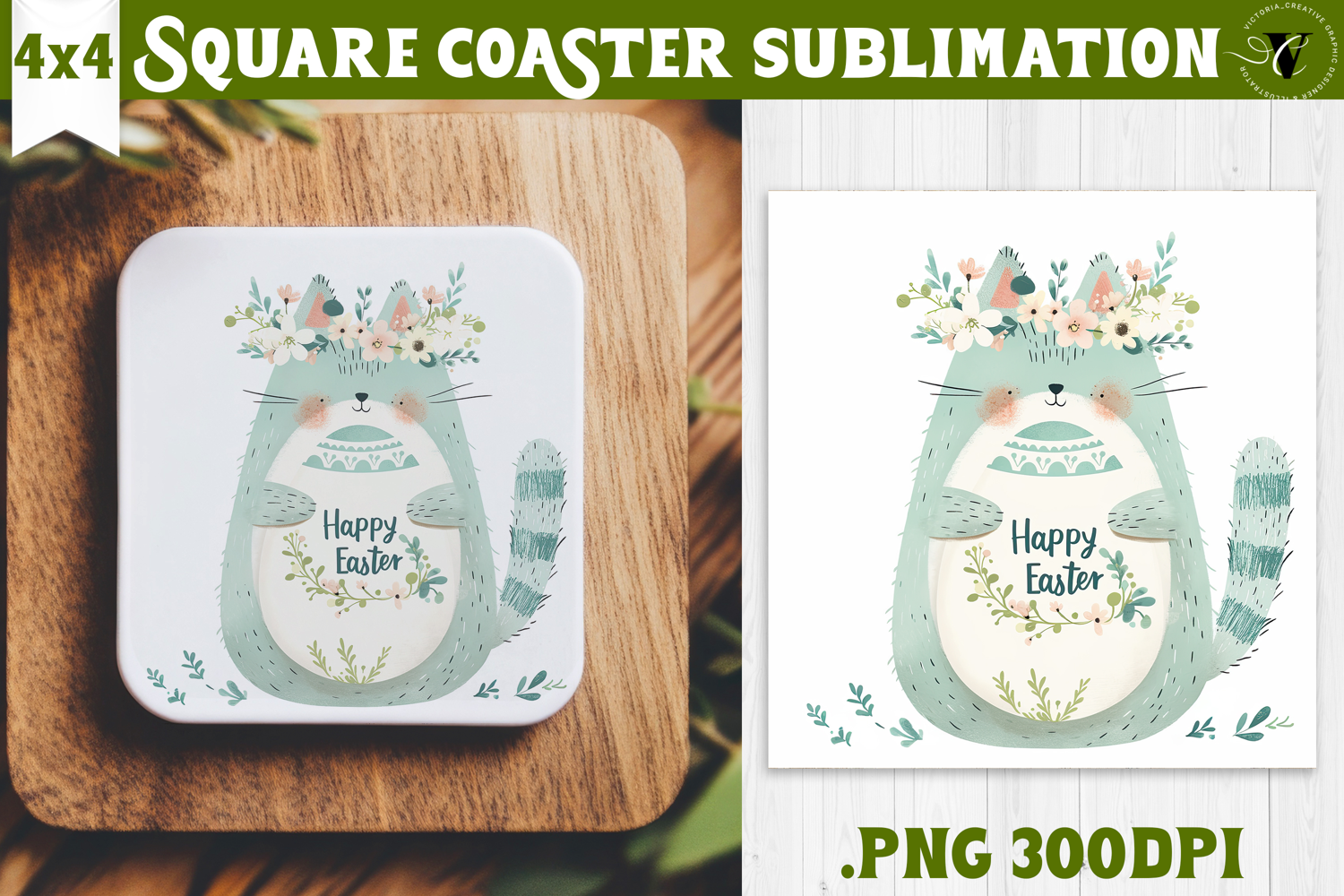 Easter Square Coaster | Watercolor Cat | Happy Easter product image 1